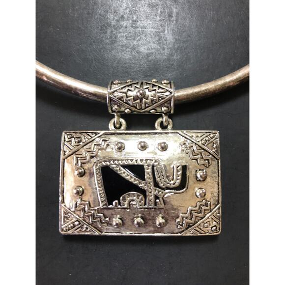 Animal Jewelry Collar Necklace Choker Carved Elephant Silver Tone Statement - Picture 1 of 5